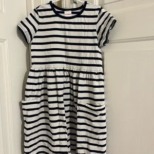 Navy and white striped dress with patch pockets